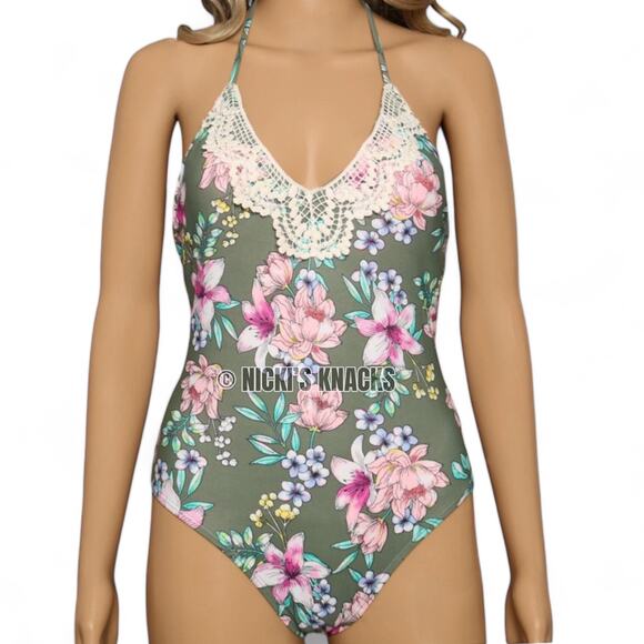 Hula Honey Tropic Romance Crochet One Piece Swimsuit Floral Halter Tie Size S - Picture 4 of 13